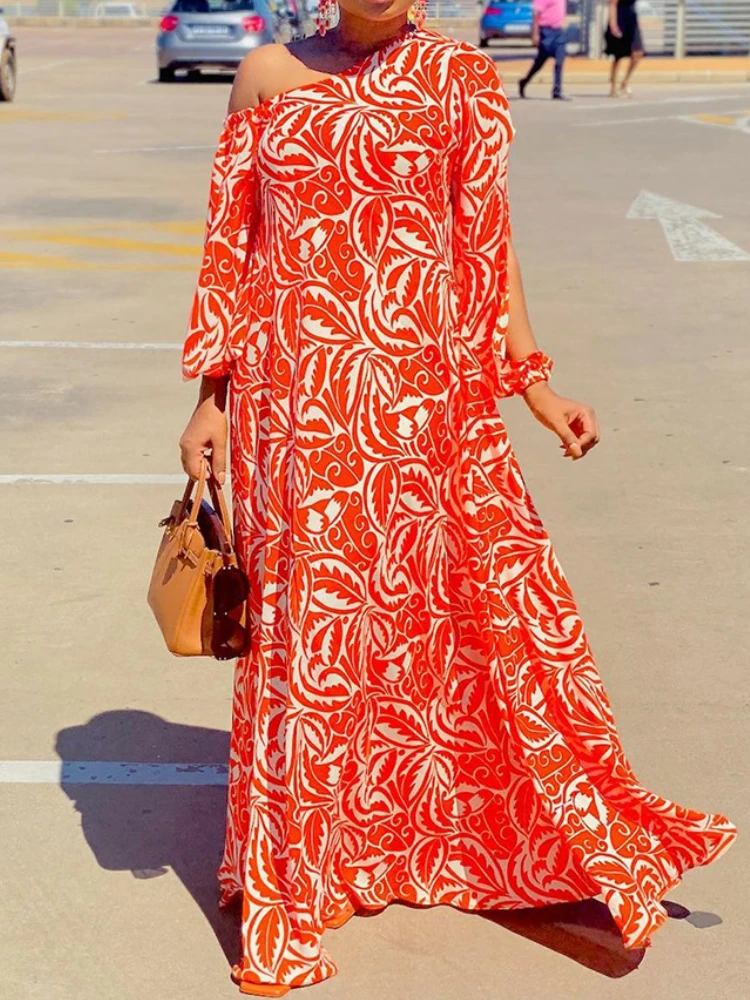

Женские свободные платья с цветочным принтом и асимметричным воротником, летние женские платья большого размера с разрезом, макси африканс...