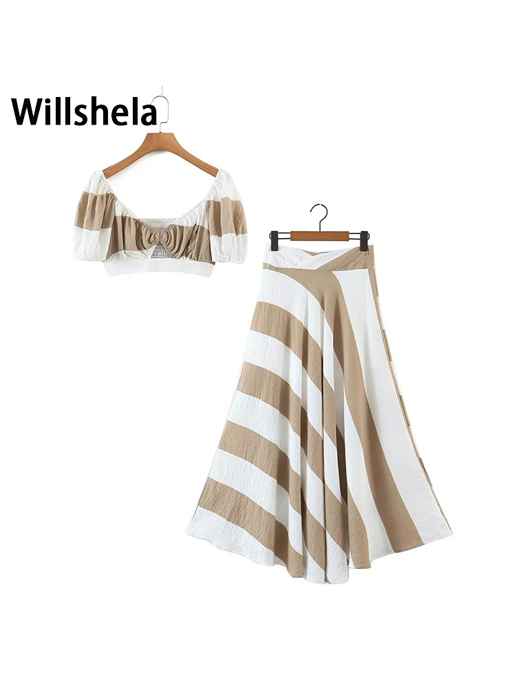 

Willshela женский модный комплект из 2 предметов, полосатые эластичные укороченные блузы и юбка миди на молнии сзади, шикарные женские юбки, комп...