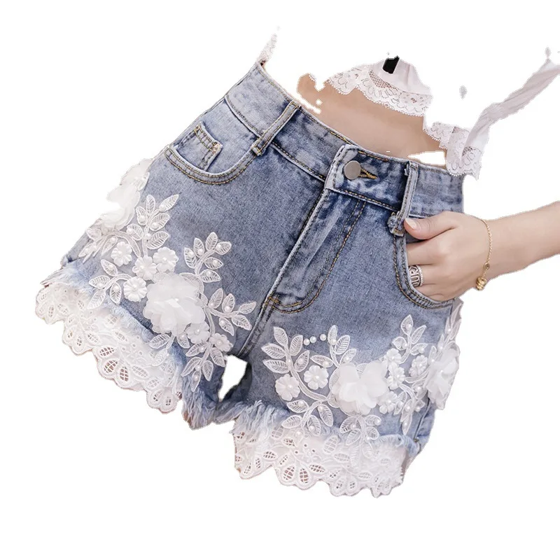 Women's 2021 Summer New High-waist Loose-fitting Wide-leg Sweet Light Blue Shorts Women Embroidered Flowers Sexy Denim Shorts