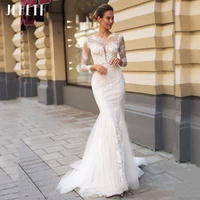 jeheth long sleeves tulle mermaid bohemian wedding dress modest scoop neck lace applique bridal gown elegant vestidos de novia