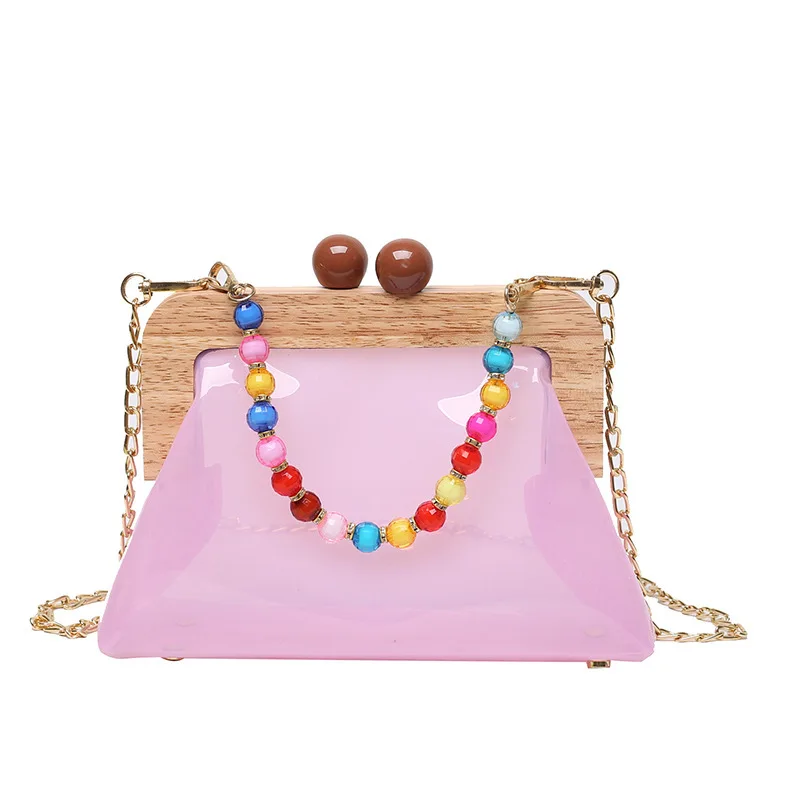 

Candy Color Transparent Jelly Handbags Women Sweet Temperament Colorful Bead Handle Chain Shoulder Crossbody Bag