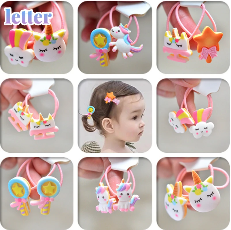 

2PCS Cartoon Cute Rainbow White Horse Princess Headwear Kids Elastic Hair Bands Children Ropes Girls Accessories Baby Headdress