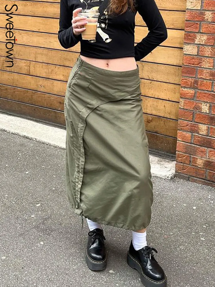 

Sweetown Chic Design Retro Green Casual Long Cargo Skirts Women Drawstring Hem Low Waist Vintage Preppy Streetwear Bottoms Y2K