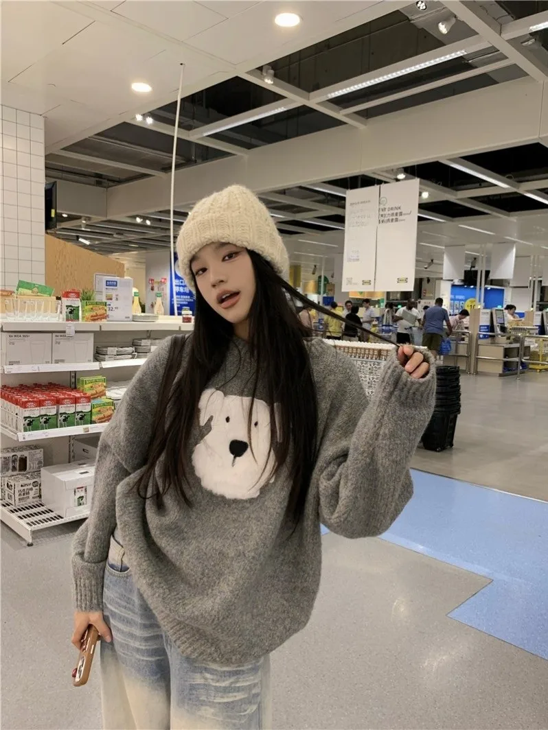 Серый плюшевый свитер с круглым вырезом Pphome Puppy женский осенне-зимний корейской