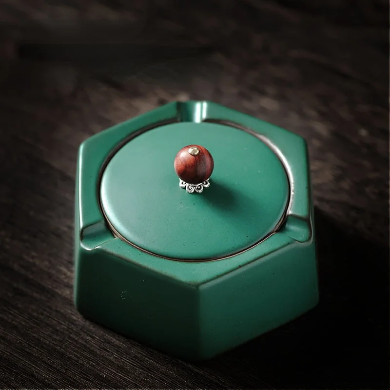 

Japanese Retro Dark Green Ceramic Ashtray Ceramic with Cover Home Living Room Office Multifunctional Ashtray