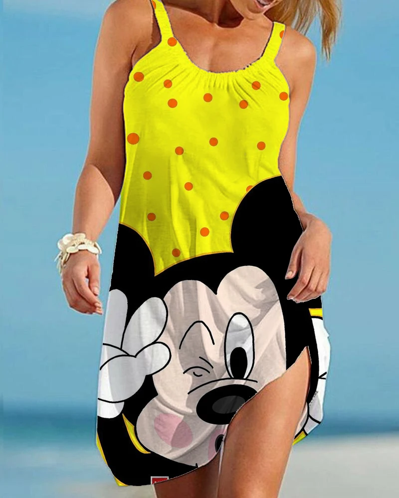 

Elegant Dresses for Women Sexy 2023 Minnie Mouse Women's Dress Sling Summer Woman Beach Boho Disney Loose Print Mickey Fashion
