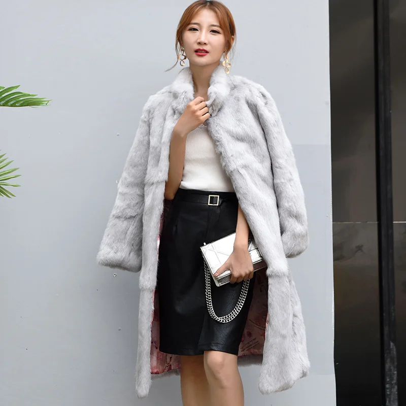 Real genuine natural New rabbit fur coat women's stand collar 100CM length jacket lady fashion fur outwear custom any size