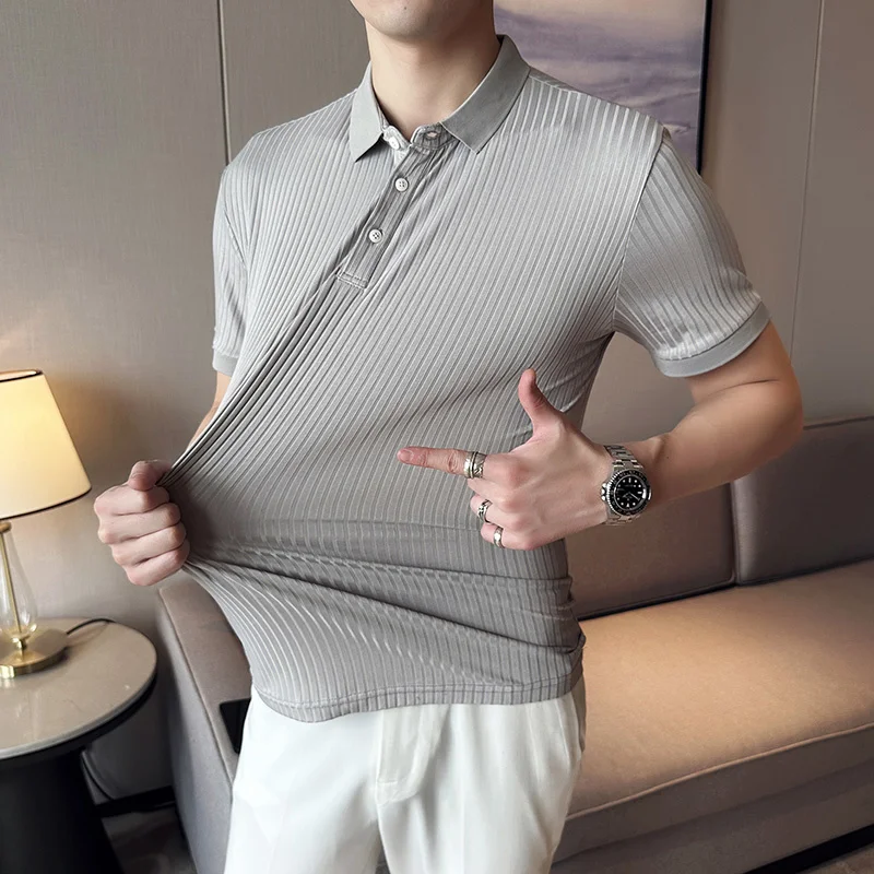 

Summer Short-sleeved T-shirt Men Slim Fashion Casual Elastic Lapel Tshirt Men British Style Ice Silk T Shirt Mens Top M-4XL