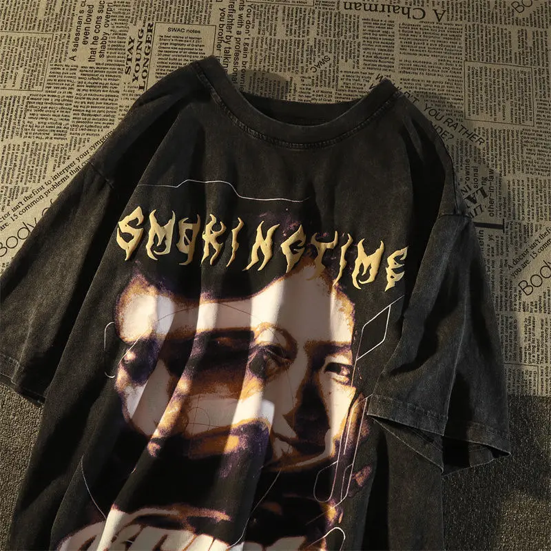 

European and American tide brand washed and old short sleeved t-shirt loose ins retro American half sleeved couple women top