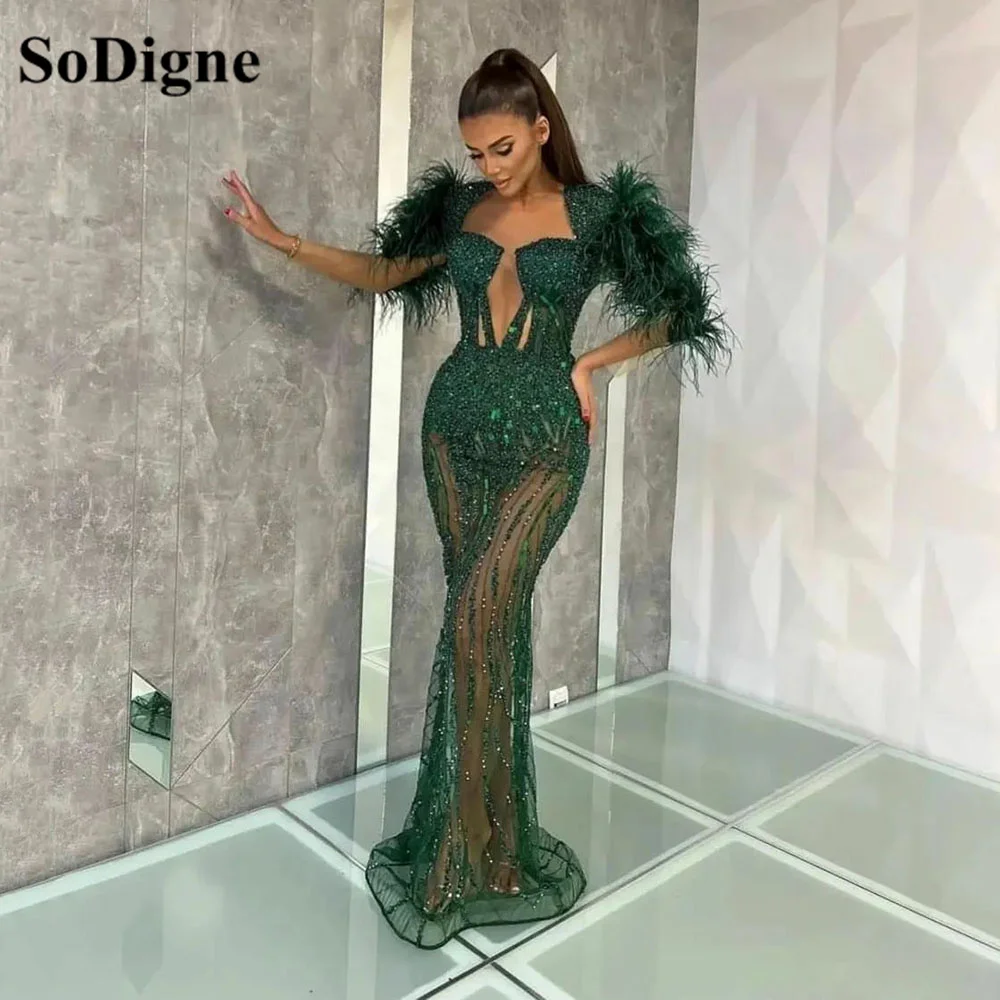 

SoDigne Feathers Mermaid Evening Gowns V Neck Beadings Sparkly Bodycon Formal Prom Dresses Green Saudi Arabia Party Dress