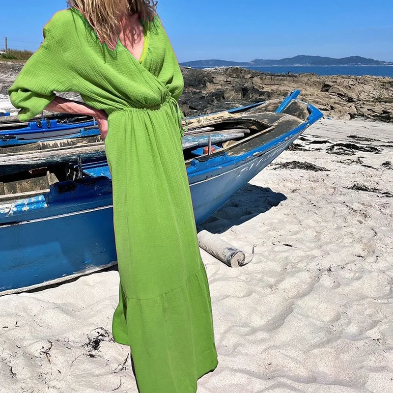 

Women V Neck Long Wrap Dress Elegant Long Sleeve High Waist Sexy Maxi Dresses 2022 Chic