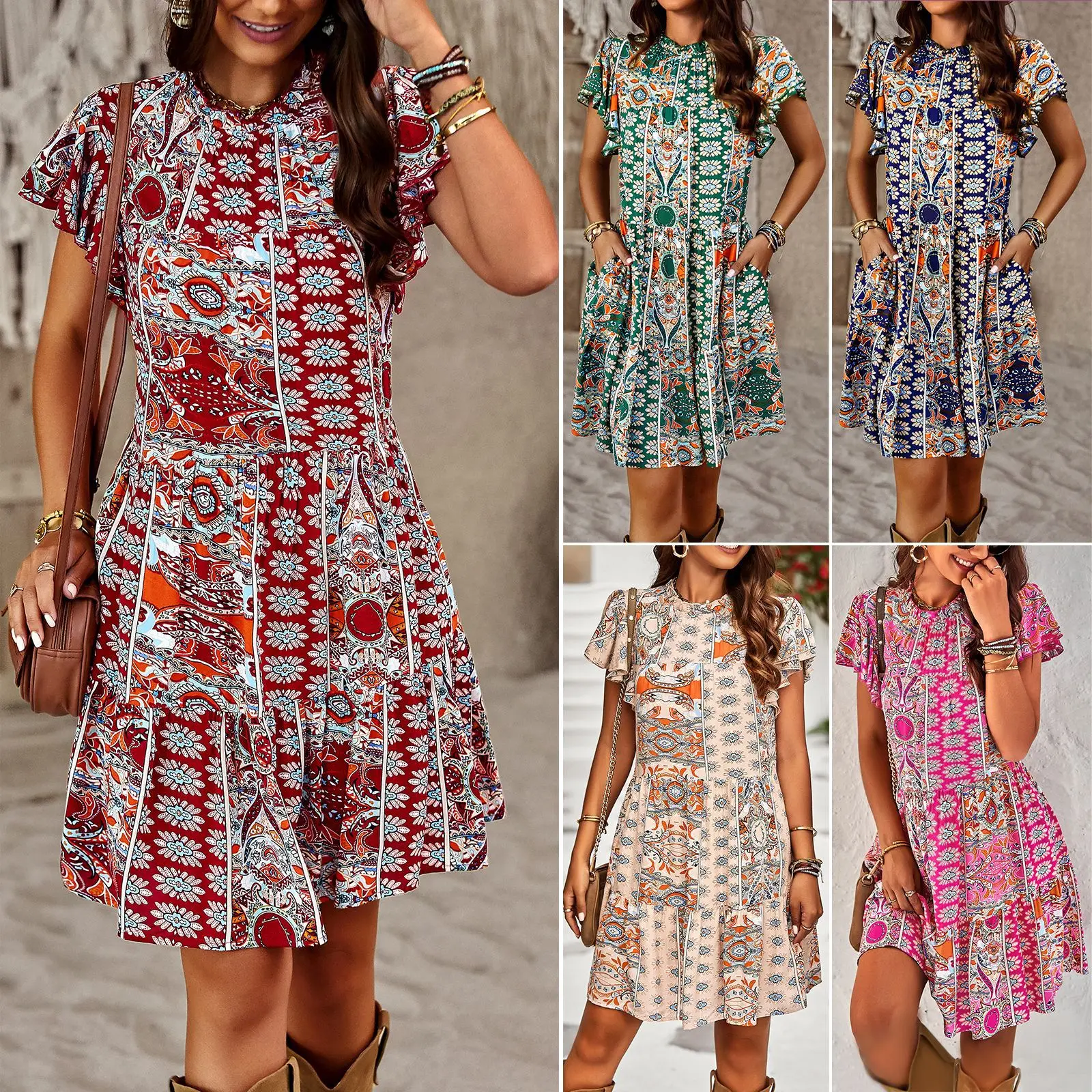 

Women Dresses Summer Fashion O-neck Bohemian Style Geometric Pattern Print Patchwork Elegant Temperament Casual Short Dresss