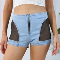 streetwear jean shorts women sexy denim booty shorts dance bar club mesh zipper straight stretch slim jeans summer clothes