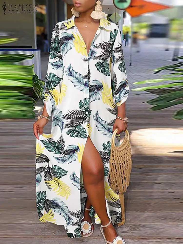 

ZANZEA Holiday Printed Maxi Dresses 2022 Spring Long Sleeve Sundress Elegant Shirt Dress For Women Casual Party Bohemian Kaftan