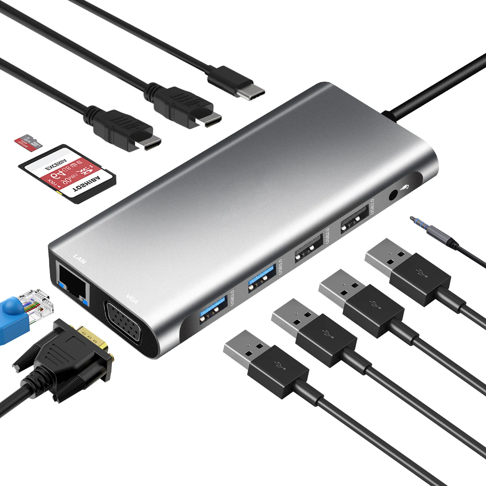 

Док-станция USB Type-c 12 в 1, USB 3,0, HDMI, VGA, RJ45