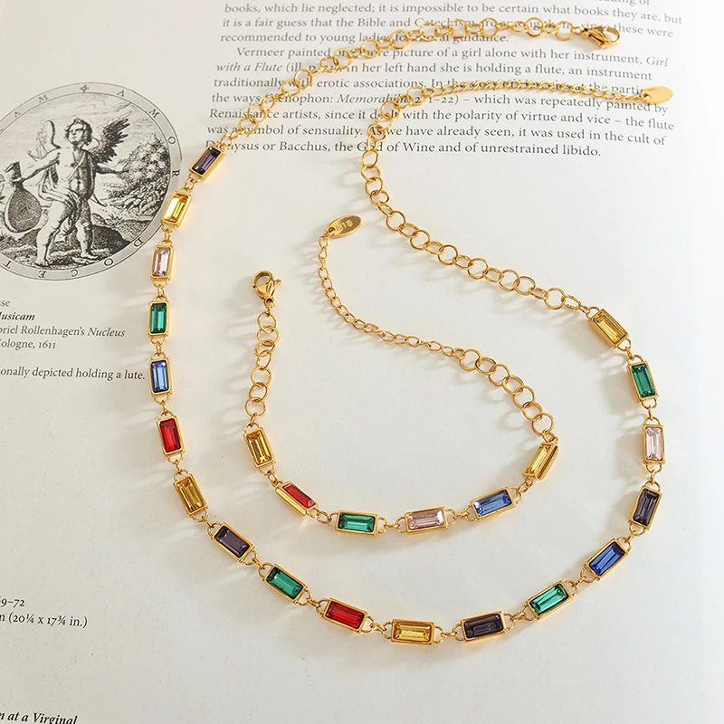 

Personalized Retro Colorful Rhinestone Stitching Necklace Bracelet Set High Sense Jewelry Fashion Exquisite Women's Accessories