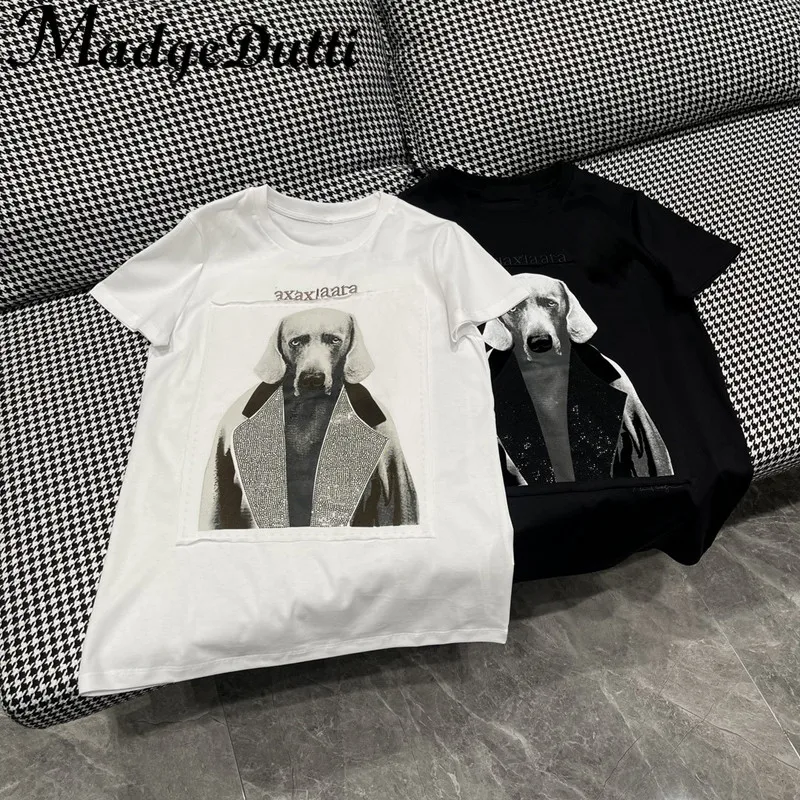 

1.12 MadgeDutti Dog Animal Print Diamonds Letter Short Sleeve Cotton T-Shirt Women