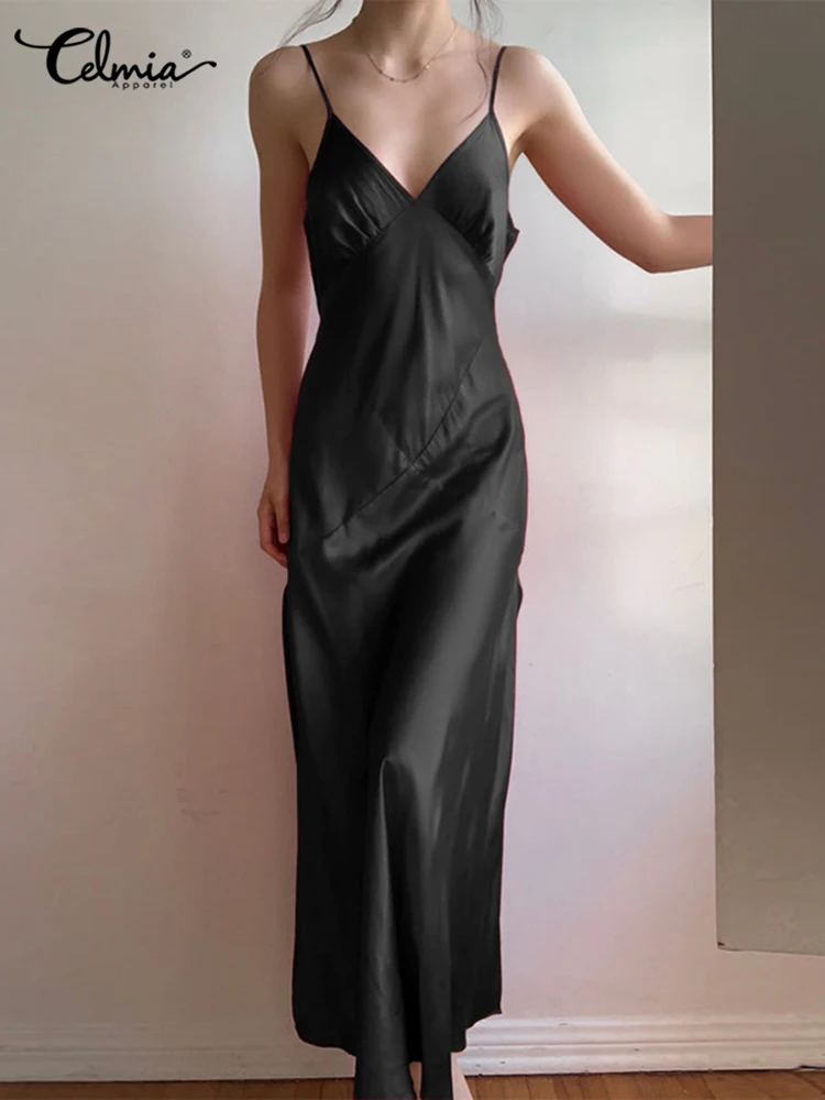 

Celmia Sexy Satin Long Nightdress Women 2022 Summer Slim Spaghetti Strap Pajama Sleepwear Elegant Lady V Neck Nightgown Homewear