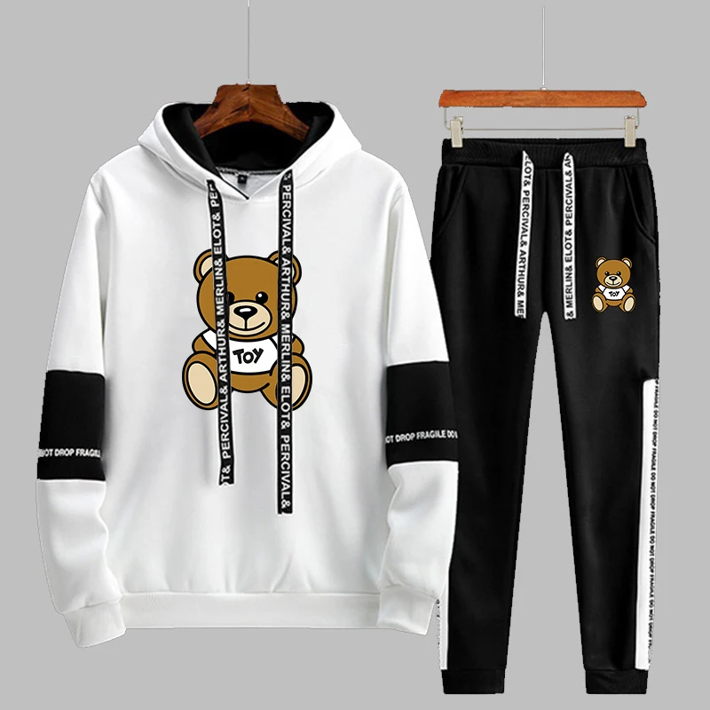 Men's Tracksuit Cartoon Bear Print Sweatshirt and Sweatpants Couple Streetwear Outfit Casual Long Sleeve Oversized Hoodie