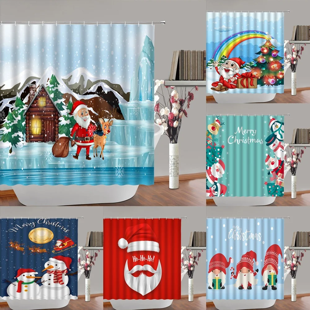 

Santa Claus Reindeer Snowman Shower Curtain Christmas Elk Glacier Winter Scenery Xmas Trees Gnomes Bath Curtains Bathroom Decor