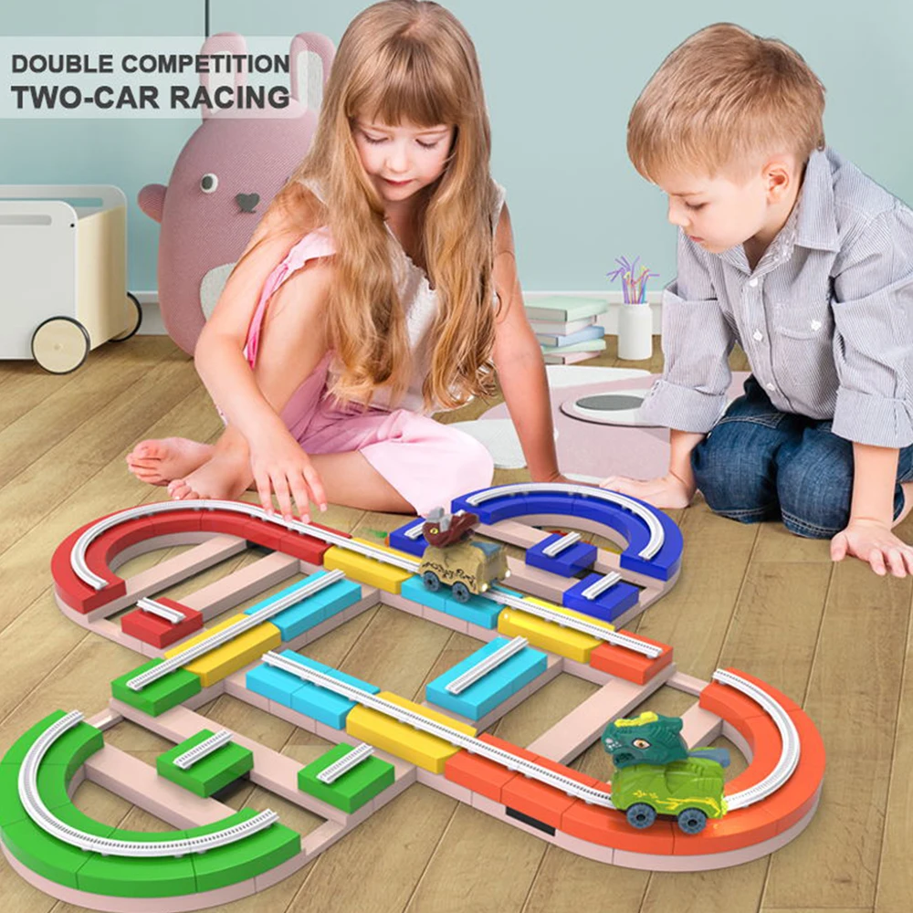 

Kids Electric Sliding Dinosaur Car DIY Large Track Car Dinosaur Electric Rail Car Toys Children Track Interactive Dinosaur Cars