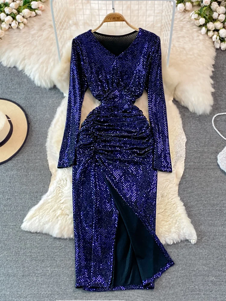 

Women Sequins Bodycon Party Dress Sexy V-Neck Draped High Waist Long Sleeve Split Sheath Vestidos Autumn Winter Bling Midi Robe