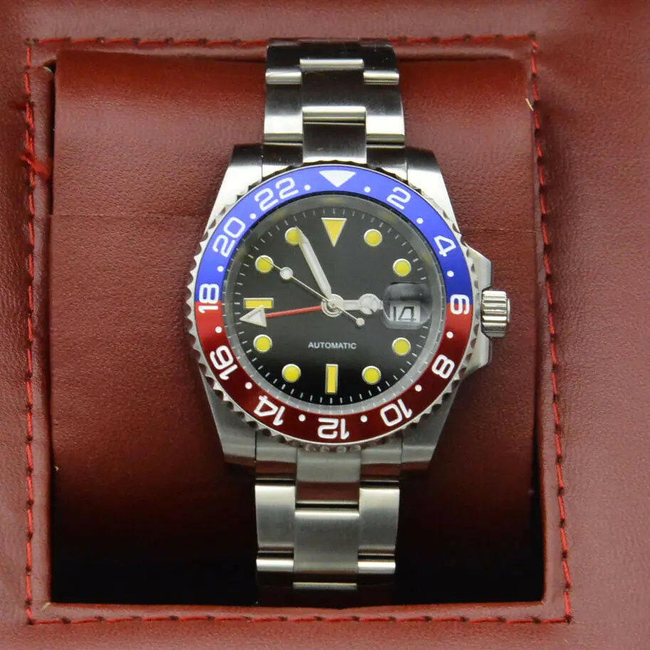 

Мужские часы 40 мм черный циферблат светящиеся автоматические механические мужские часы со стальным ремешком