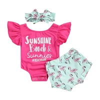 cute baby girls clothing three piece summer cotton suit letter print flying sleeve bodysuit flamingo pattern shorts bow headband