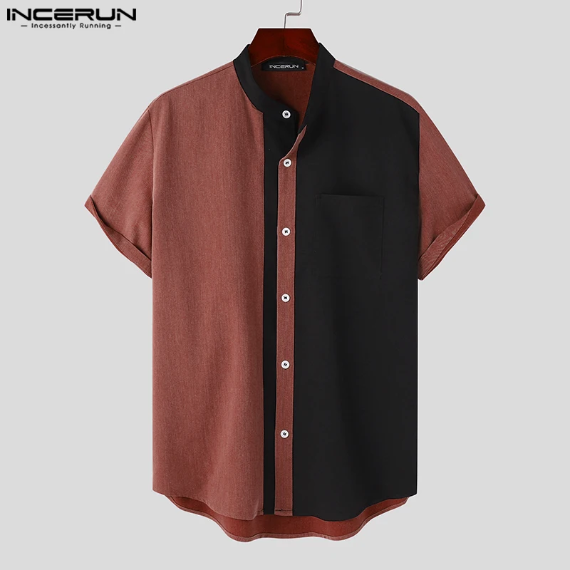 

INCERUN Cotton Linen Tops 2023 Men's Vintage Stitching Panel Short Sleeve Shirts Casual All-match Simple Male Lapel Blouse S-5XL