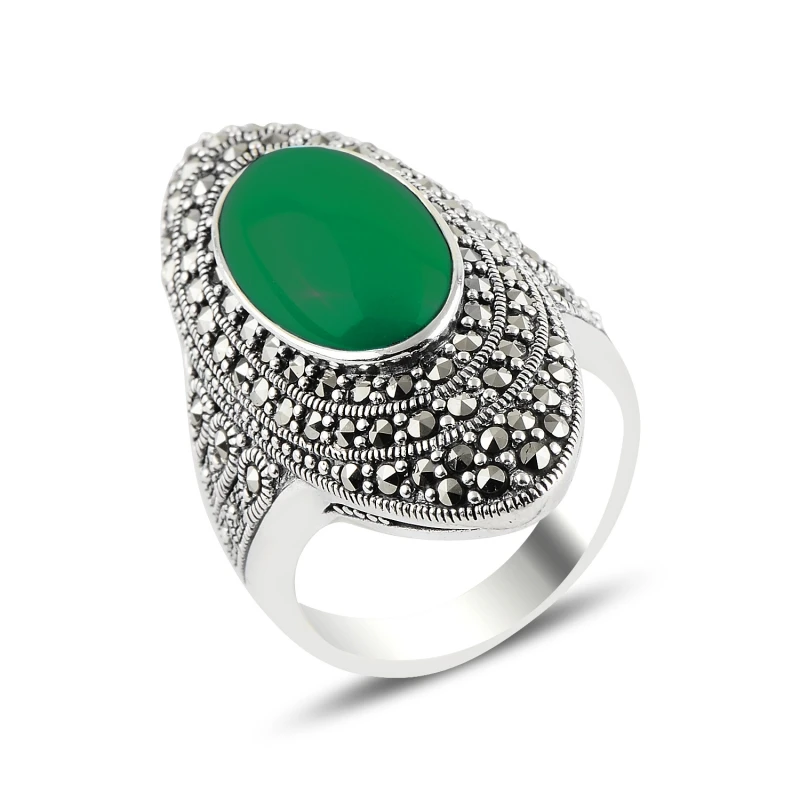 

Silver 925 Sterling Green Agate & Marcasite Ring