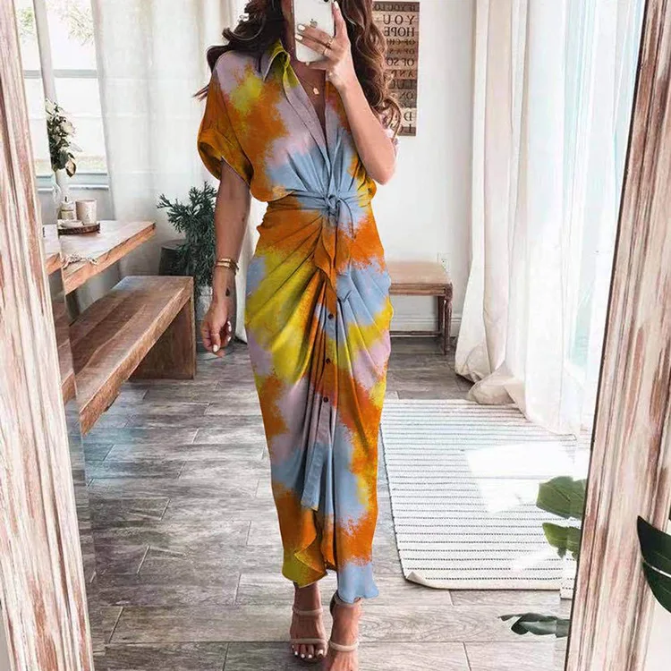 

Summer Women Print Dress Short Sleeve Shirt Dress Fashion High Waist Streetwear Elegant Ladies Clothing Vintage Dresses Vestidos