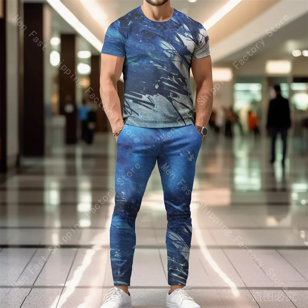 Men Tracksuits Summer Clothing T Shirt Pants Sets Print Sportswear Trousers Suits Oversized T-shirts Sweatpants Sets Casual Tops