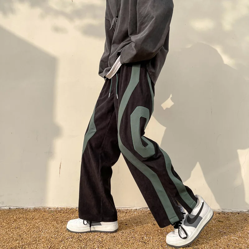 

Men Spring Fashion Patchwork Sweatpants Casual Loose Staight Trousers Mens Elastic waist Sports Pants Male Trousers White/Green