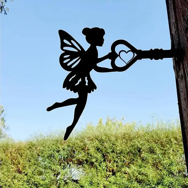 

Garden Fairy Decoration,Stake Metal Art Elf Silhouette Inserting Ornament Fairy Open Door With Key For Outdoor Tree Decor