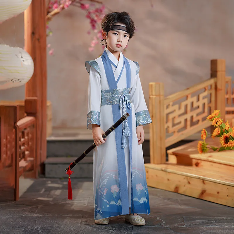 

Весенний костюм для детей среднего возраста, парчовая атласная поверхность, китайский традиционный рыцарский стиль, улучшенный Детский костюм ханьфу