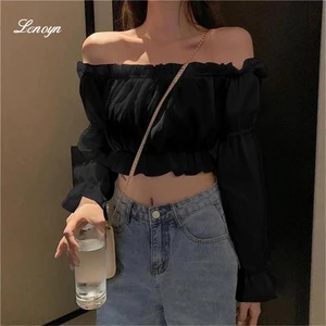 Women Top Sexy Blouse Off Shoulder Top Long Sleeve Club Party White Shirt Puff Sleeve Ruffle Tunic Crop Top Summer Tube Top