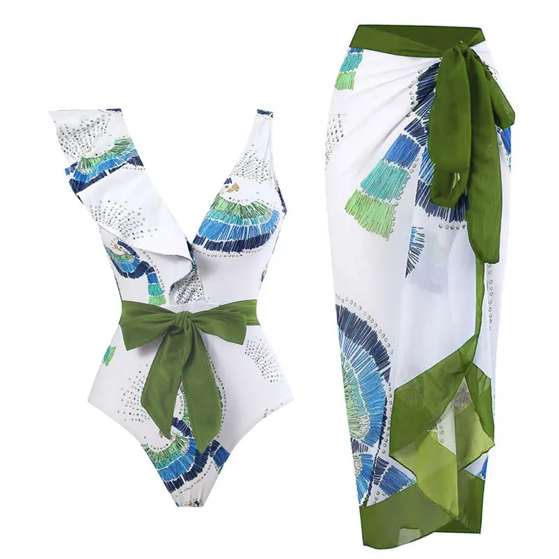 

2023 New Fashion One Piece Swimsuit Women Ruffle Swimwear Skirt Luxury Chiffon Brazilian Monokini Beach Dress Summer