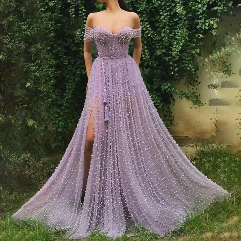 

Handmade Heavy Pearls Sweetheart A-line Lilac Prom Dresses 2022 High Slit Women Formal Evening Gowns robes de soirée