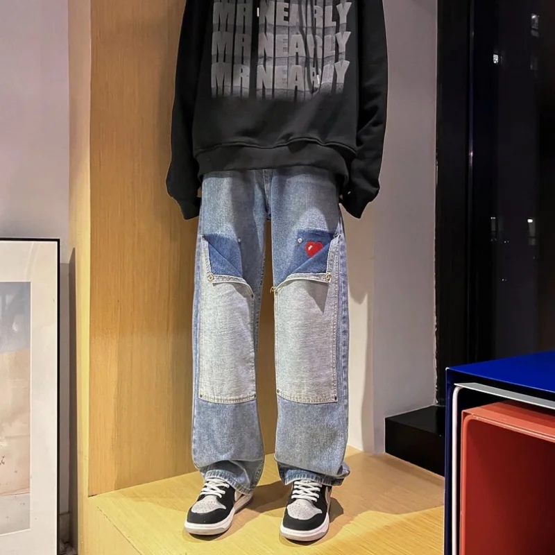 DEEPTOWN Patchwork Cargo Jeans for Men Denim Pants Male Japanese Streetwear Oversize Straight Trousers Loose Casual Heart Spring
