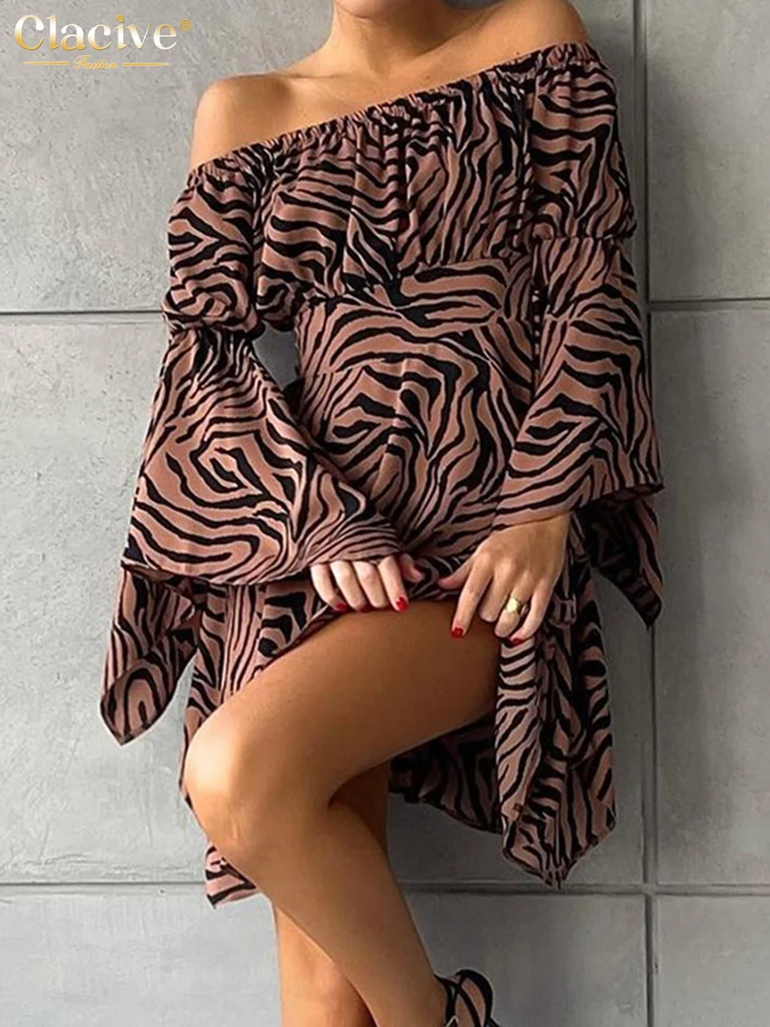 

Сексуальное свободное женское платье Clacive с принтом зебры 2023, модные мини-платья с воротником-лодочкой и длинным рукавом, элегантное женское платье с высокой талией