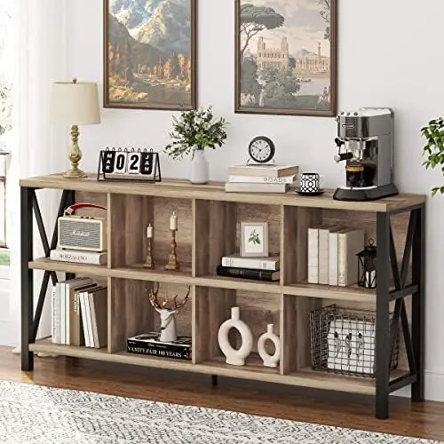 

Cube Storage Organizer Bookshelf, Rustic Wood Cubby Bookcase, Industrial Horizontal Long Shelf for Living Room (Walnut Brown, 62