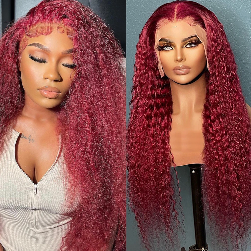 30 32 Inch Deep Wave Forntal Wig Burgundy Lace Front Wig For Women Colored Red Curly Human Hair Wigs 99J Water Wave HD Lace Wig