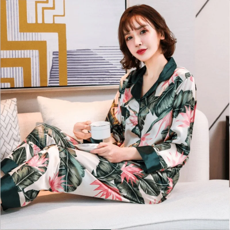 

SURE YOU LIKE Spring/Summer Women Thin long Sleeves Ice Silk Pajamas Sets Fashion Homesuit Sleepwear Leisure Nightwear Suit