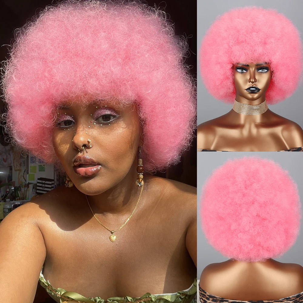 

Afro Kinky Curly Wigs with Bangs Synthetic Wigs For Black Women Ombre Glueless Cosplay Natural Blonde Red White Pink Wig