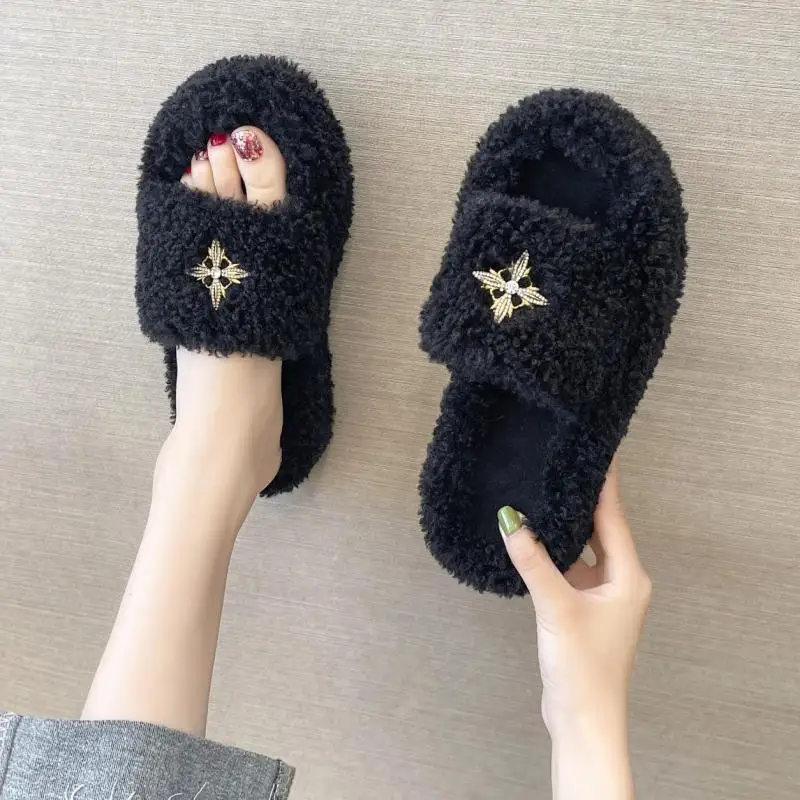 

2022 Winter Keep Warm Women Fur Furry Slippers for Home Fluffy Soft Indoor Slides Thick Flats Heel Non Slip Indoor House Shoes