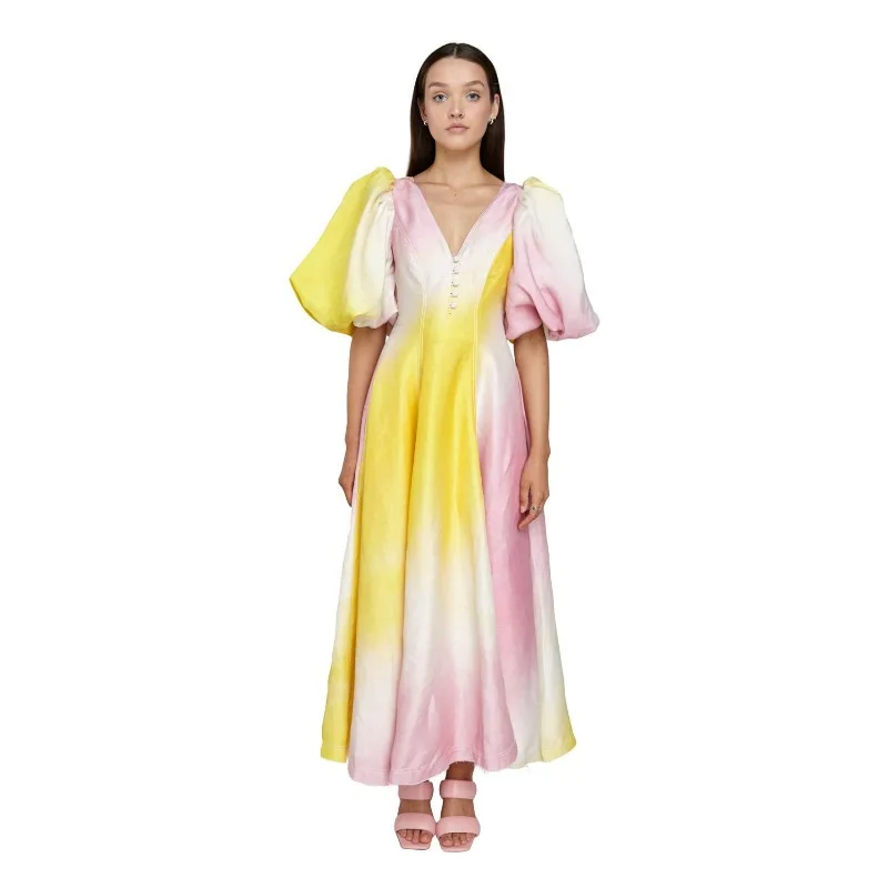 

Женское плиссированное платье с коротким рукавом, V-образным вырезом и высокой талией