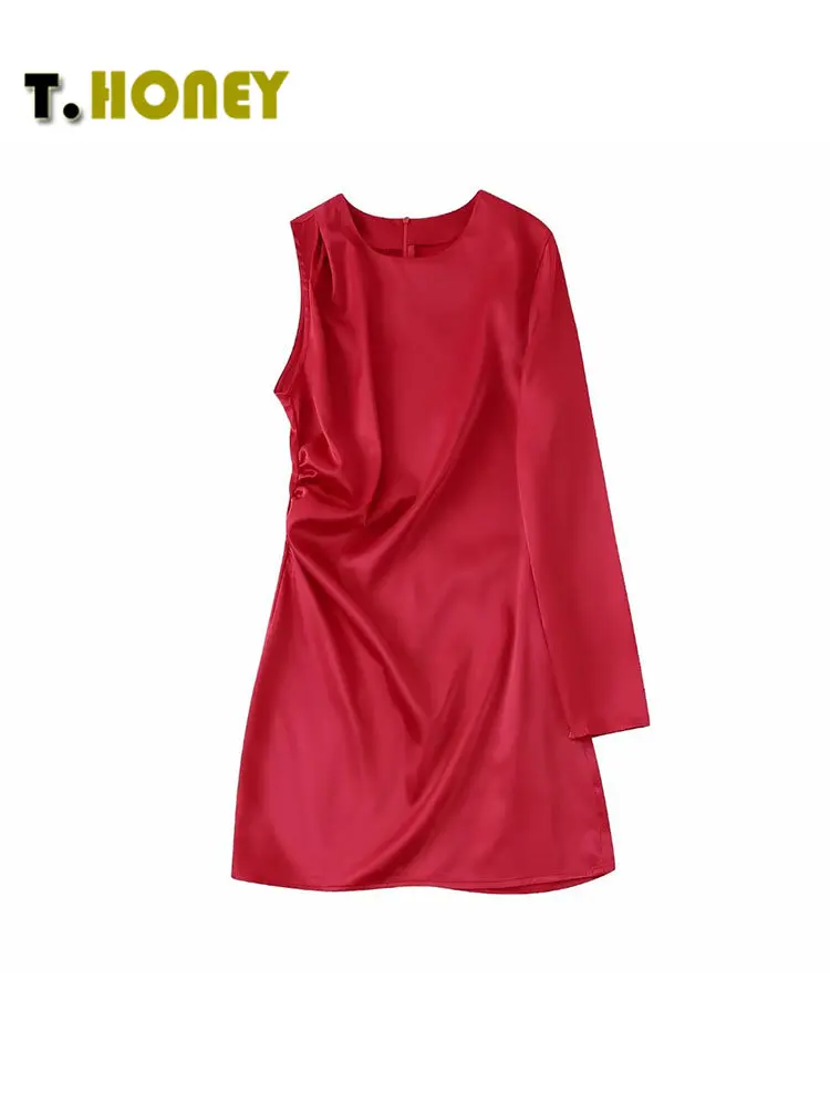 

TELLHONEY Women Fashion Solid Waist Pleats O-Neck Midi Dress Female Party One Shoulder Back Zipper Slim Mini Dresses