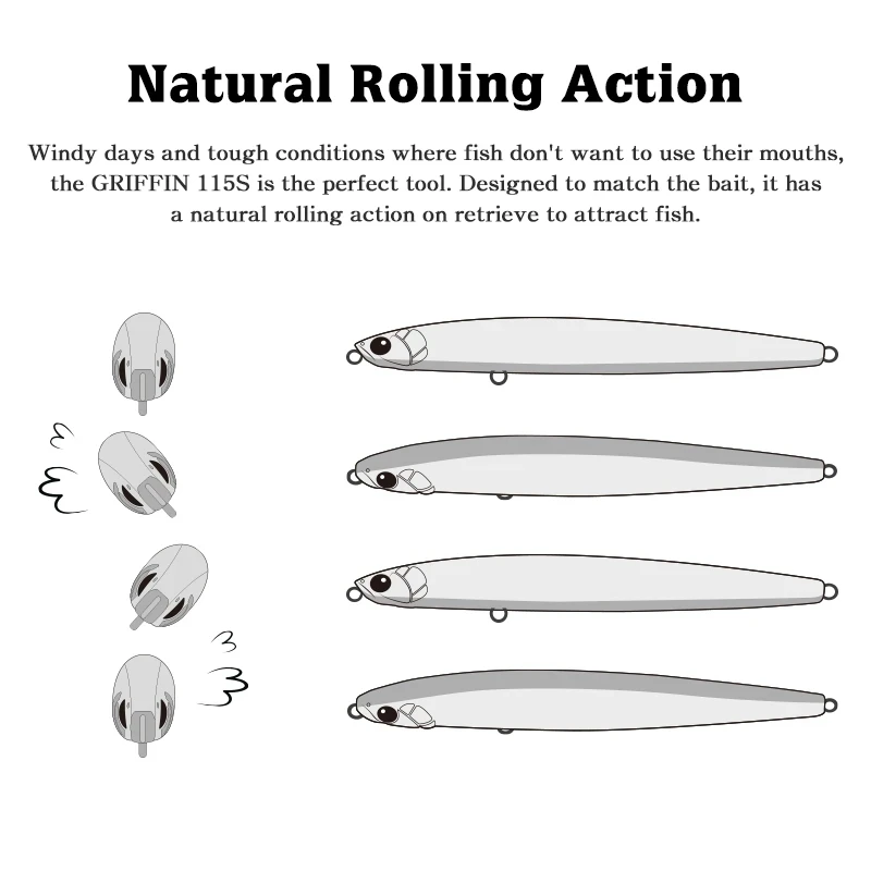 Фото Тонкий Тонущий Карандаш TSURINOYA, макс. 80 м, Гриффин 115 мм, 20 г, 115S, вольфрамовый вес, модель в морской воде №2