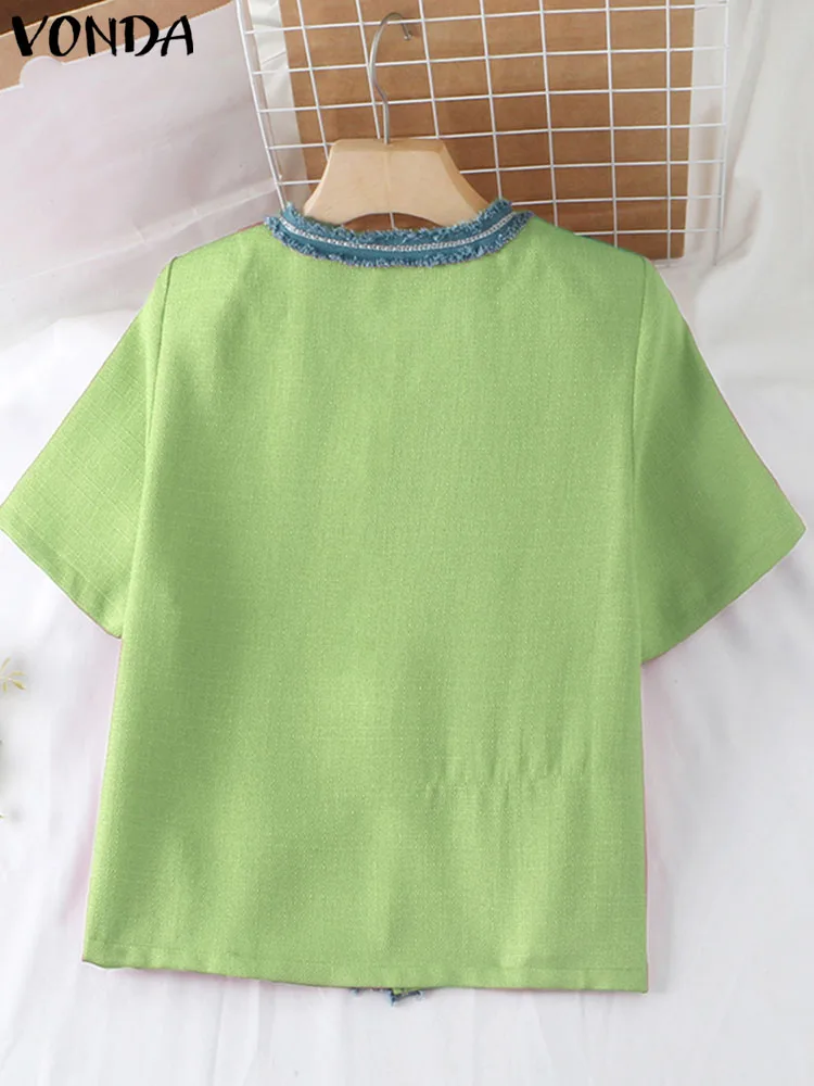 Elegant Office Blazer 2023 VONDA Women Summer Short Sleeve Ribbon Patchwork Coats Casual Solid Color Buttons Tops Streetwear