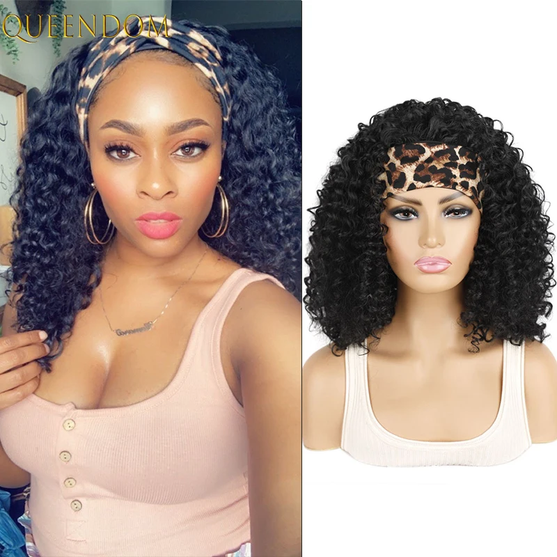 

Short Ombre Kinky Curly Headband Wig Natural Afro Curls Headwrap Wig with Turban Synthetic Jerry Curly Scarf Wig for Black Women